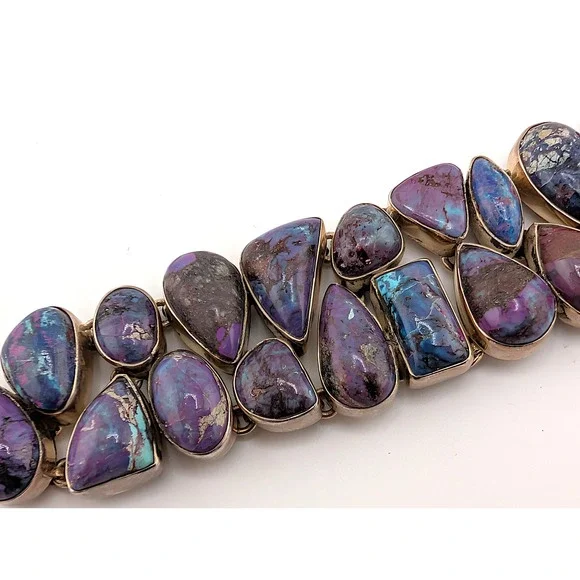 Vintage Bracelet Heavy Silver Statement Jewelry Art Deco Purp Turq sz ADJ *** - Picture 10 of 12